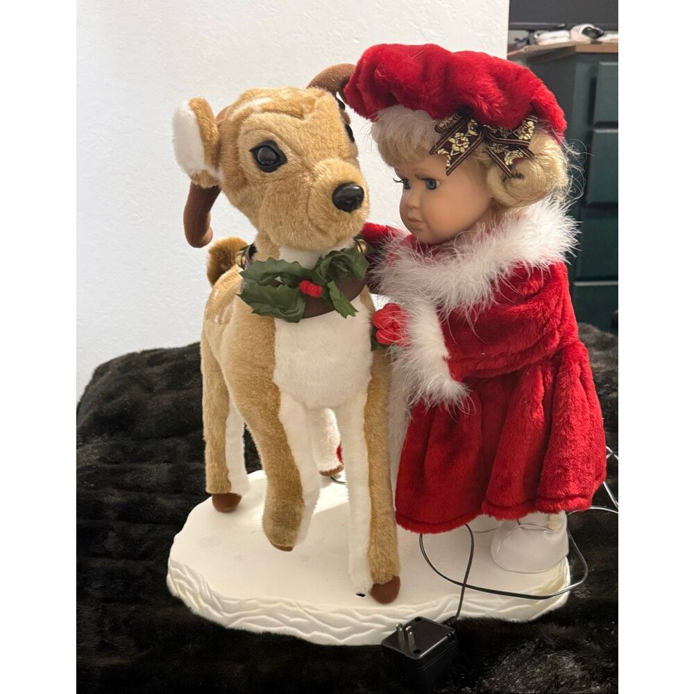 Santas Best Emily Animated Victorian Doll Petting Deer Vintage Christmas